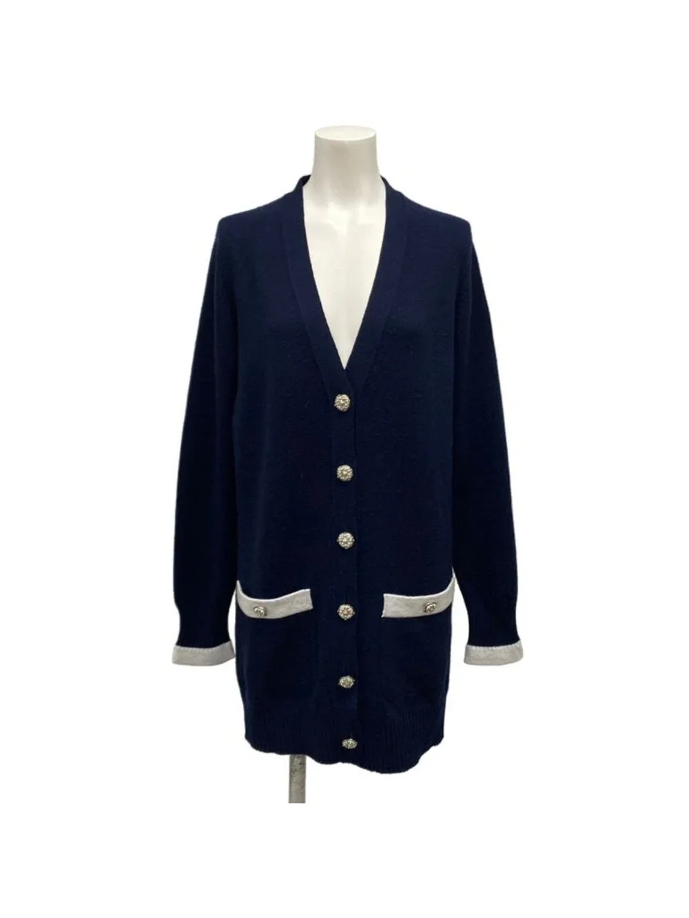 Chanel Cardigan 36 S Navy Light Gray Silver Button Cashmere
